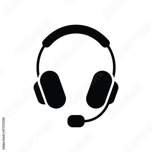Black and white simple icon of a headset with a microphone
