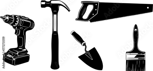 Construction tools. Building repair hand tools, renovation kit, hammer, saw, drill and shovel. Home repair tool vector illustration icons set. Repair tool, hammer and trowel, paintbrush and saw
