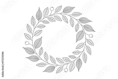 A circular wreath of leaves and berries forms a decorative border.