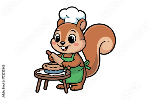 A cartoon squirrel wearing a chef's hat and apron rolls out dough for a pie.