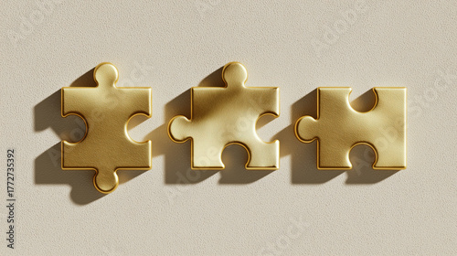 Three golden puzzle pieces in isometric perspective, isolated on beige background, business concept
