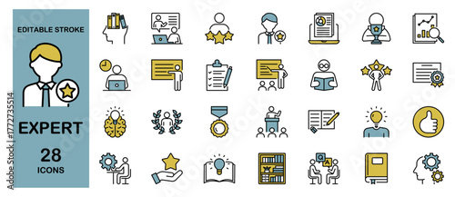 Expert Icon Set – Professional, Mentor, Leader and Coach. Editable Stroke, Colored Vector Illustration