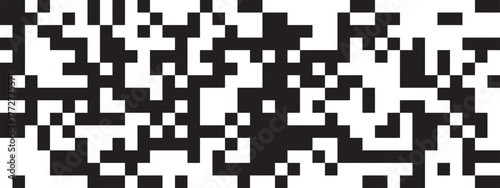 Black and white pixel background. Square dots in random chaotic arrangement. Abstract mosaic pattern. Destruction, defragmentation, disperse or dissolving process concept. Vector graphic illustration