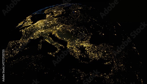 Earth at night showcasing city lights across regions, urban density