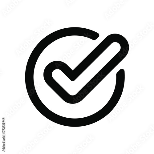 Black check mark inside circle icon on white background representing approval