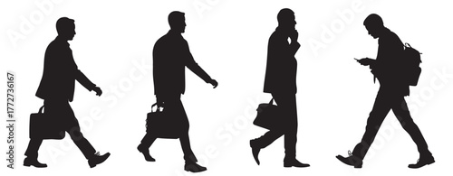 Silhouettes of businessmen walking set. Wear suit and holding bag. Side view. Black vector illustration isolated on white background.