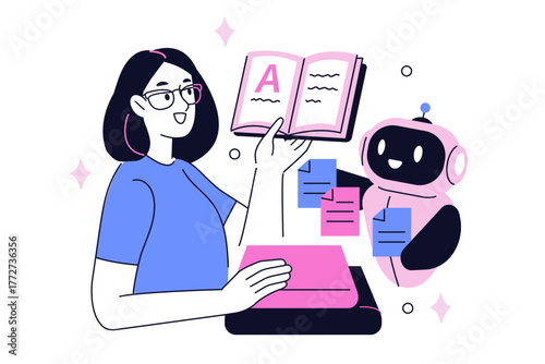 Woman teaching Ai robot assistant to work with data. Large language model training, machine learning, neural network concept. Vector doodle illustration.