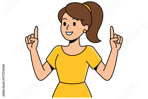 A cartoon woman in a yellow dress points her index fingers upwards with a smile.