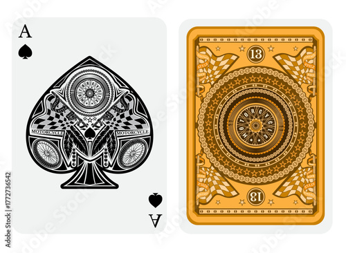 Motorcycle style style playing card Ace of Spades double side. Vector card template