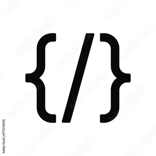 Black curly bracket code icon with forward slash on a white background