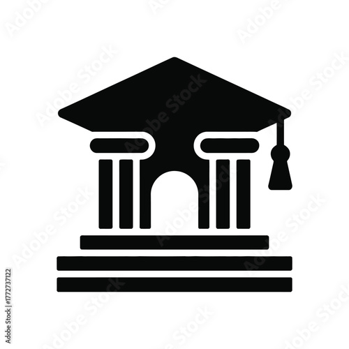 Black education building icon with graduation cap on white background illustration