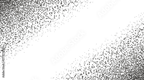 Vector illustration of black scattered dots corner frame with gradient density transition on white background for decorative border design. Trendy grain texture
