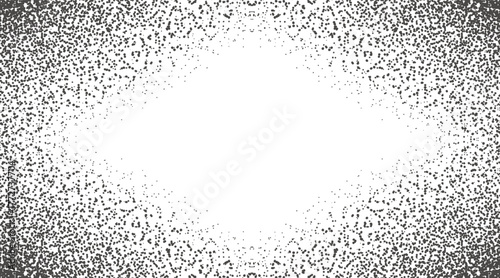 Vector illustration of black scattered dots corner frame with gradient density transition on white background for decorative border design. Trendy grain texture