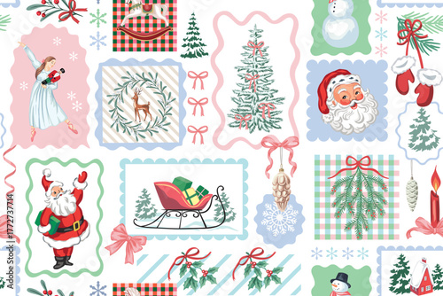 Santa Claus, ballerina, snowman, snowflake, fir branch, rocking horse, bow, Christmas tree, mistletoe, candle, sleigh, wreath, deer in the frame pattern.  Merry Christmas, New Year patchwork print.