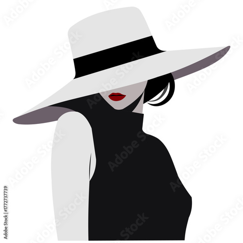 fashion girl in minimal style, wearing big hat,  vector illustration 