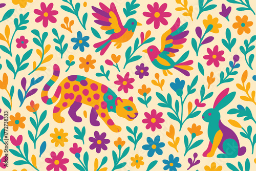 Otomí Alebrije Animal Parade — Seamless Vector Folk Pattern for Día de Muertos