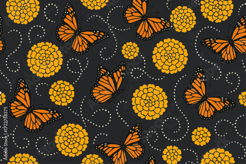 Cempasúchil and Monarch Butterflies — Seamless Vector Swirl Pattern for Day of the Dead