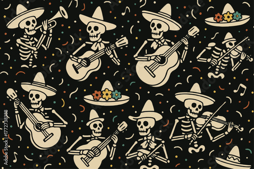 Skeleton Mariachi Band — Día de Muertos Seamless Vector Pattern on Black