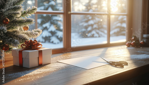Cozy winter scene with gift box and scissors on wooden table by window, snow covered trees outside
