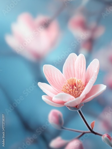 A delicate pink spring blossom, possibly an anemone, is captured in macro detail against a soft, dreamy blue background, highlighting the translucent petals and golden stamens