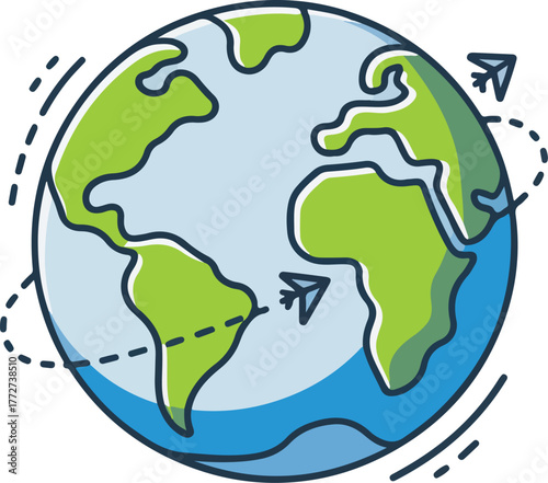 world map and globe illustration showing continents and earth on white and green background