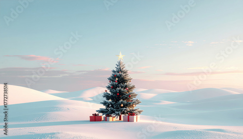 Beautifully decorated Christmas tree stands in snowy landscape with colorful gifts beneath, evoking serene holiday spirit