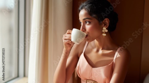 Elegant Young Indian Woman Drinking Coffee by Window in Morning Sunlight generative ai