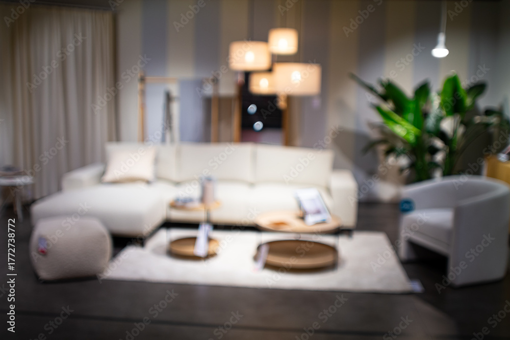 Fototapeta premium Abstract, blurred view of a furniture showroom. Wide angle view, bokeh background, no people