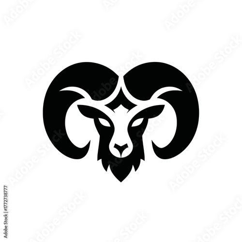 Stylized ram head illustration with large horns and a fierce expression, black and white icon. Strong animal mascot.