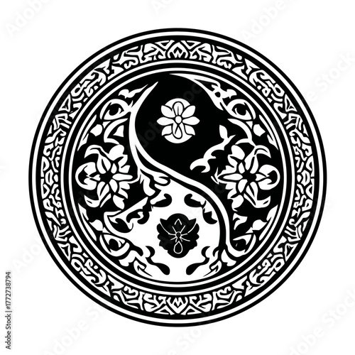 Ornate floral yin yang symbol with decorative border, representing balance, harmony, and spirituality. Black and white vector illustration.