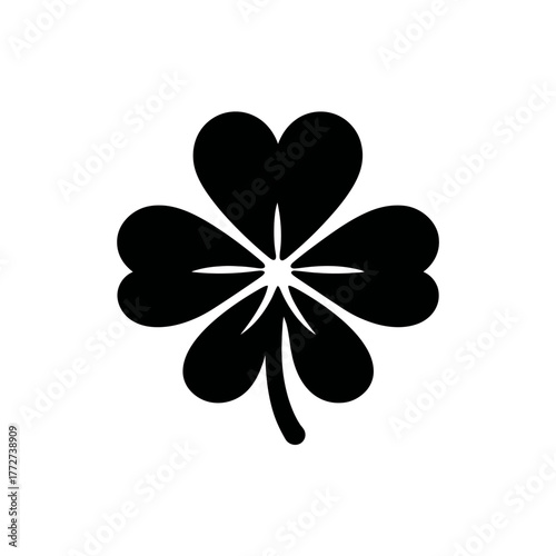 Simple black four-leaf clover icon, a universal symbol of good luck, success, fortune, and Irish charm, isolated on white.