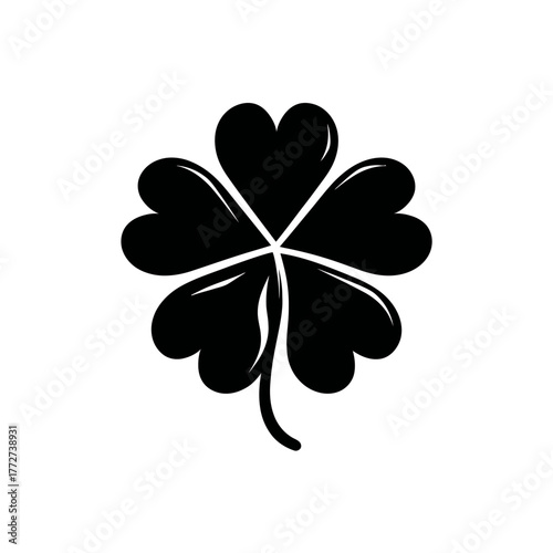 Black four-leaf clover illustration. Lucky charm icon representing good fortune, success, and prosperity. Saint Patrick's Day graphic.