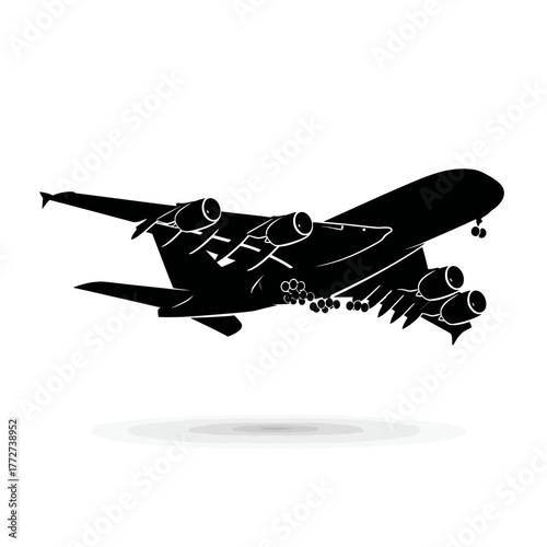 Black vector silhouette of a large passenger airplane with landing gear down, stylized as a flying commercial jet icon.
