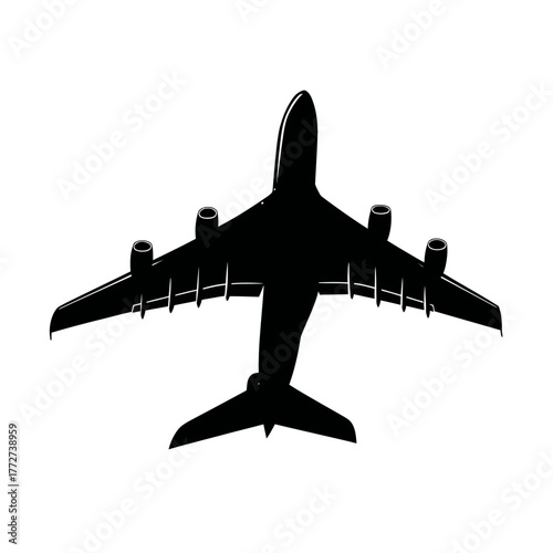 Airplane Silhouette Top View, Aircraft Icon for Global Travel and Aviation Symbol, Passenger Plane Vector Graphic for Transportation Concept