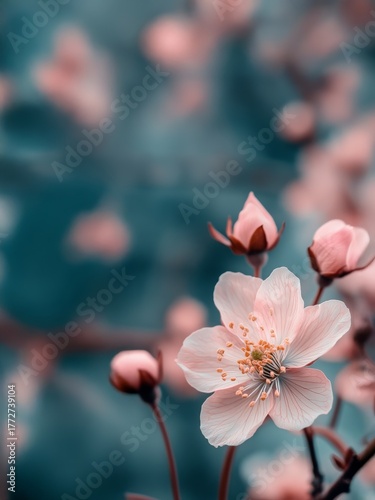 A delicate pale pink blossom and several closed buds are captured in a dreamy macro shot against a moody, dark teal background with strong bokeh, evoking spring beauty