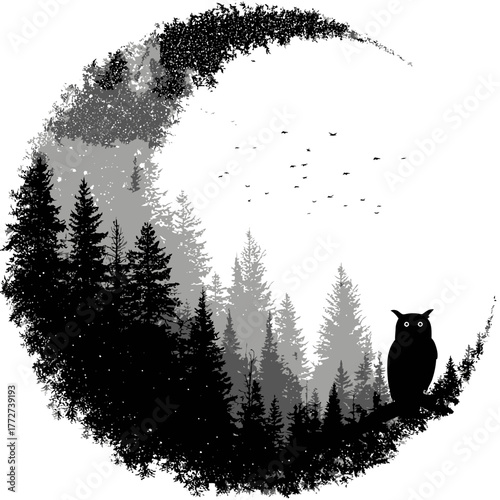 Mystical Crescent Moon Forest Silhouette with Owl. Black and White Night Landscape Vector Illustration for Nature and Wildlife.