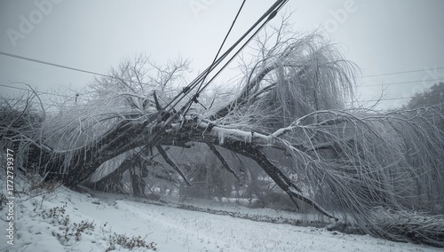 Collapsed tree damaging power lines, risk of urban infrastructure failure