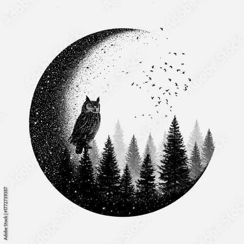 Detailed black and white stipple art of a wise owl in a serene night forest with flying birds under a crescent moon
