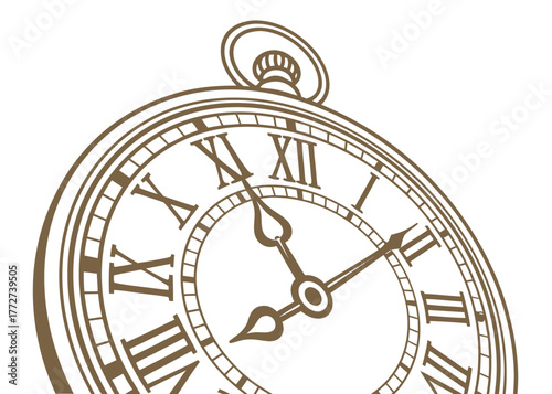 Illustration of a vintage pocket watch with roman numerals and decorative hands on a white background