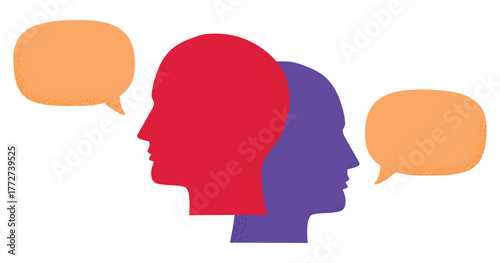 Vector illustration of human head silhouette with speech bubble representing dialogue communication and conversation concept