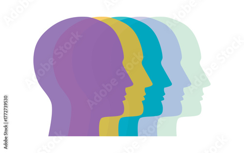 Vector illustration of colorful overlapping human head silhouettes in vibrant colors representing diversity teamwork and multiple perspectives concept