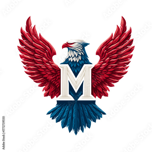 Majestic patriotic eagle with spread wings in red, white, and blue, featuring a bold letter M. Symbol of strength, freedom, and national pride.