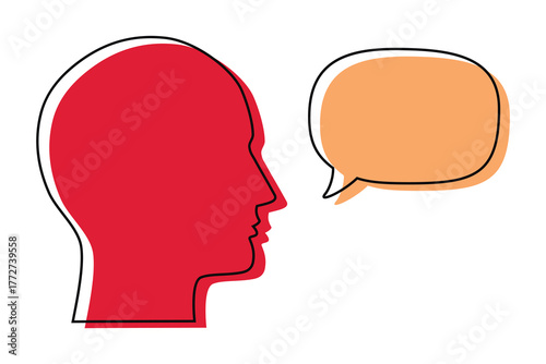 Vector illustration of human head silhouette with speech bubble representing dialogue communication and conversation concept