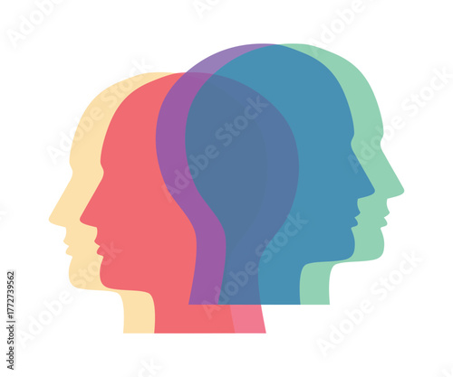 Vector illustration of colorful overlapping human head silhouettes in vibrant colors representing diversity teamwork and multiple perspectives concept