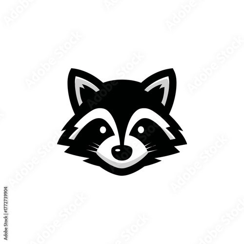 Stylized black and white raccoon head illustration, a cute wild animal face logo design for nature, mascot, or wildlife themes