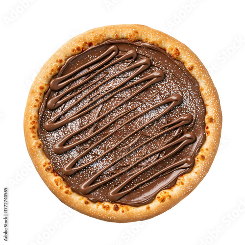 Close-up view of a single chocolate-covered pizza with a drizzle of chocolate sauce on top. No background, png file.
