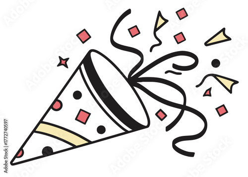 Illustration of a party popper with confetti and streamers on a white background design element