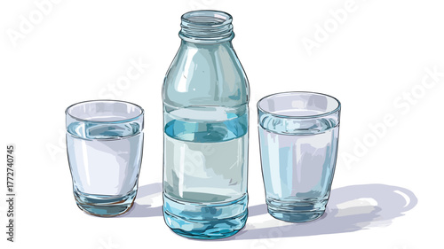 Refreshingly Clear Water Bottle and Glasses with Two Glasses of Water Vector