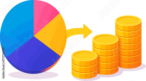 Pie chart showing financial growth with stacks of coins representing investment and increasing revenue