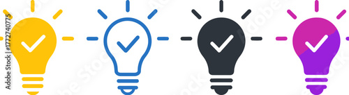 Colorful light bulb icons representing ideas and solutions connected by a dashed line on white